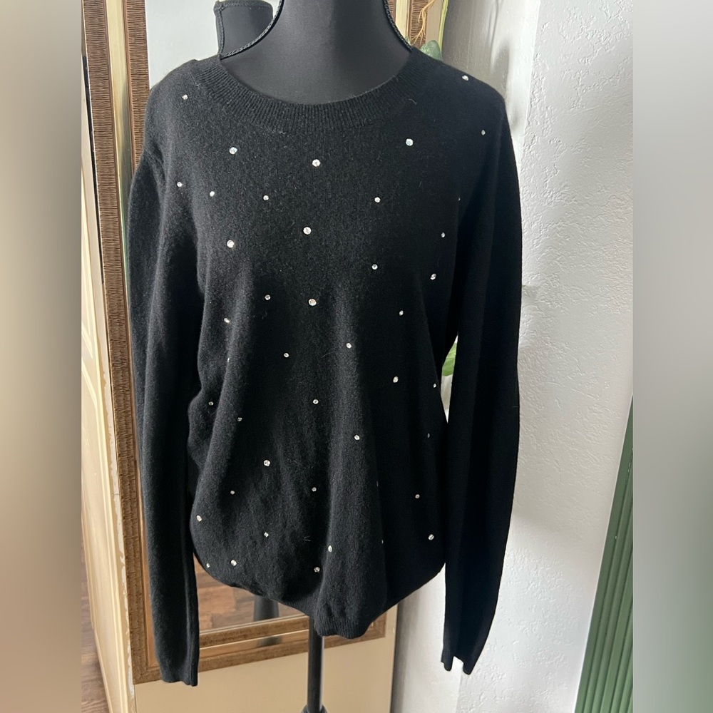 Carole Little Black Crewneck Sweater with Crystal Dots
